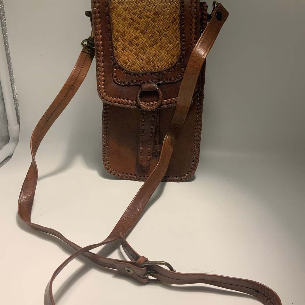 Vintage Brown Tooled Leather Crossbody Bag, Woven Boho Phone Pouch